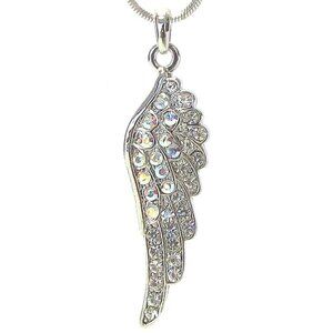 Angel Wing Aurora Borealis AB Crystal Pendant Silver Tone Necklace